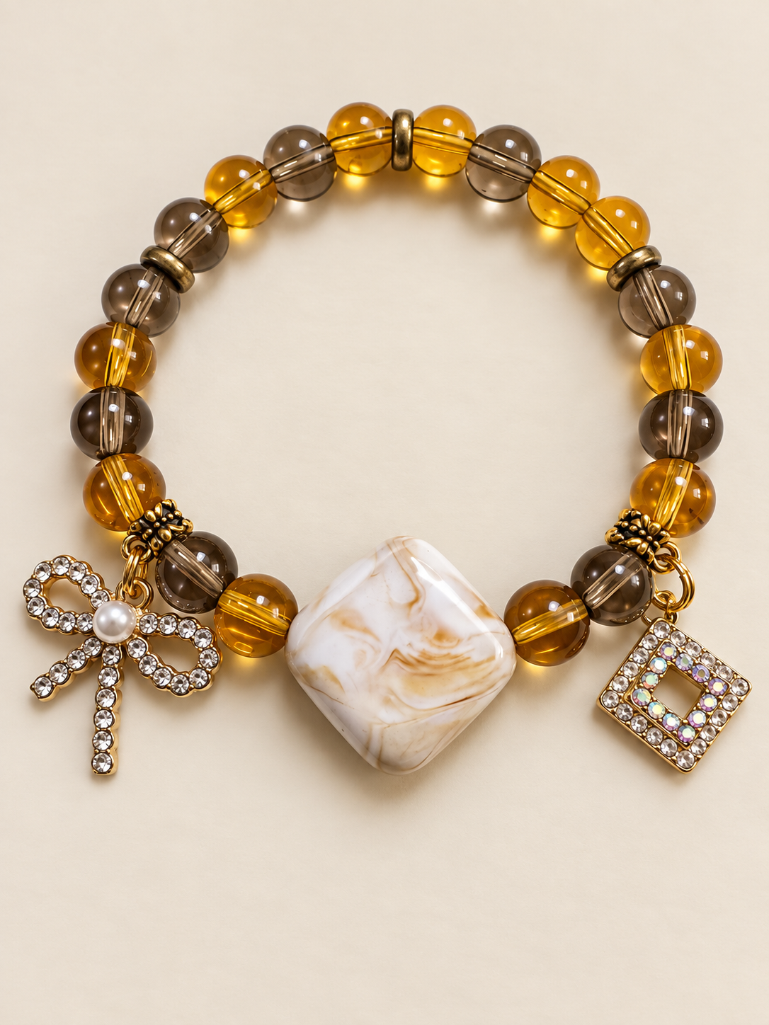 Amber Elegance Stretch Bracelet – Amber, Smoky Brown & Cream Charm Bracelet
