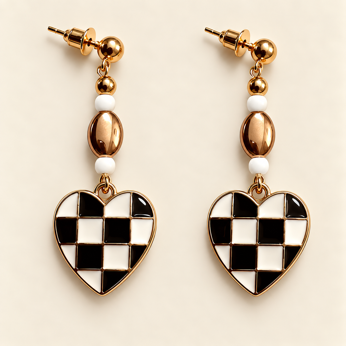 Checkered Crush – Black & White Heart Earrings