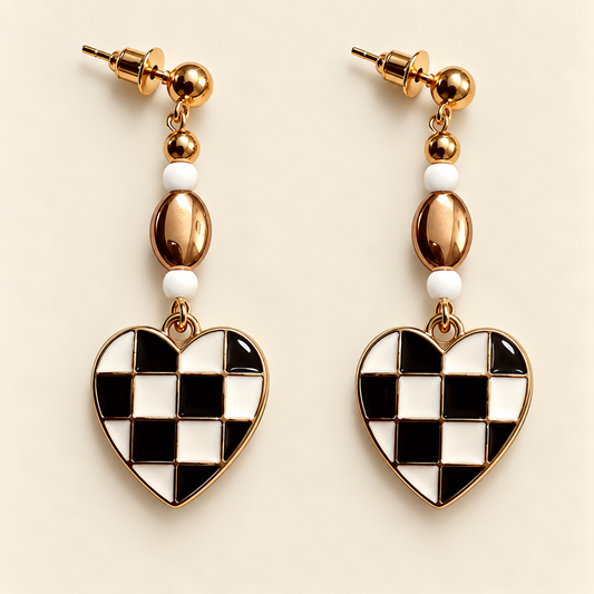 Checkered Crush – Black & White Heart Earrings