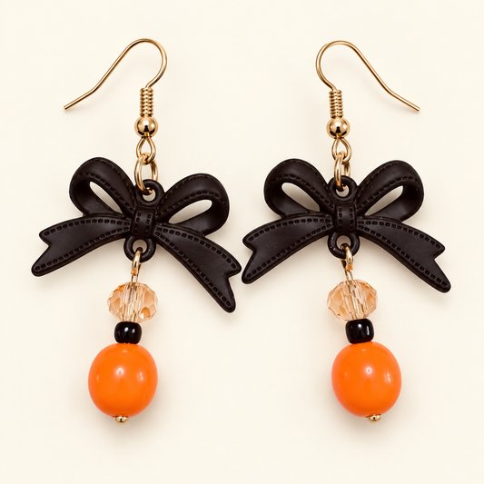 Midnight Bow & Pumpkin Glow – Halloween Bow Earrings