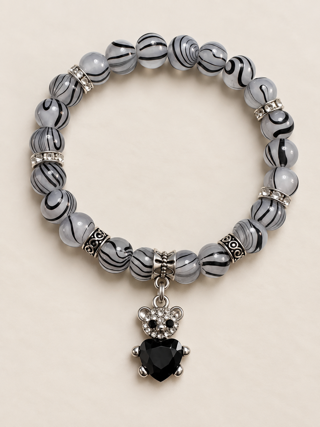 Midnight Teddy Stretch Bracelet – Black, Gray & Silver Teddy Bear Bracelet