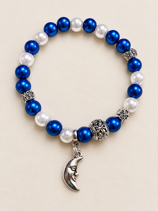 Moonlit Pearl Stretch Bracelet – Royal Blue, White Pearl & Silver Moon Bracelet