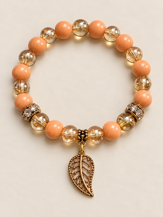 Peachy Grace Stretch Bracelet – Peach, Champagne & Gold with Leaf Charm