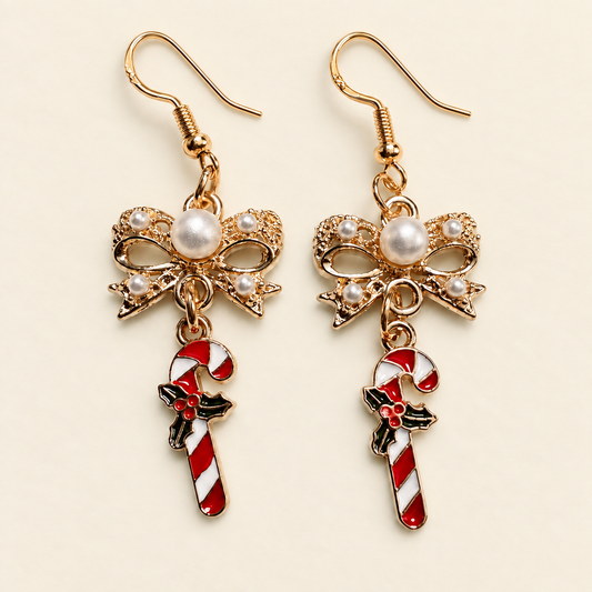 Peppermint & Pearls – Christmas Candy Cane Earrings
