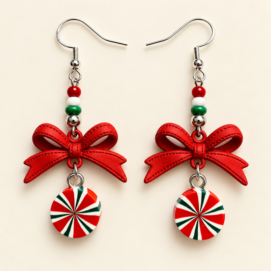 Peppermint Pretty – Christmas Peppermint Bow Earrings