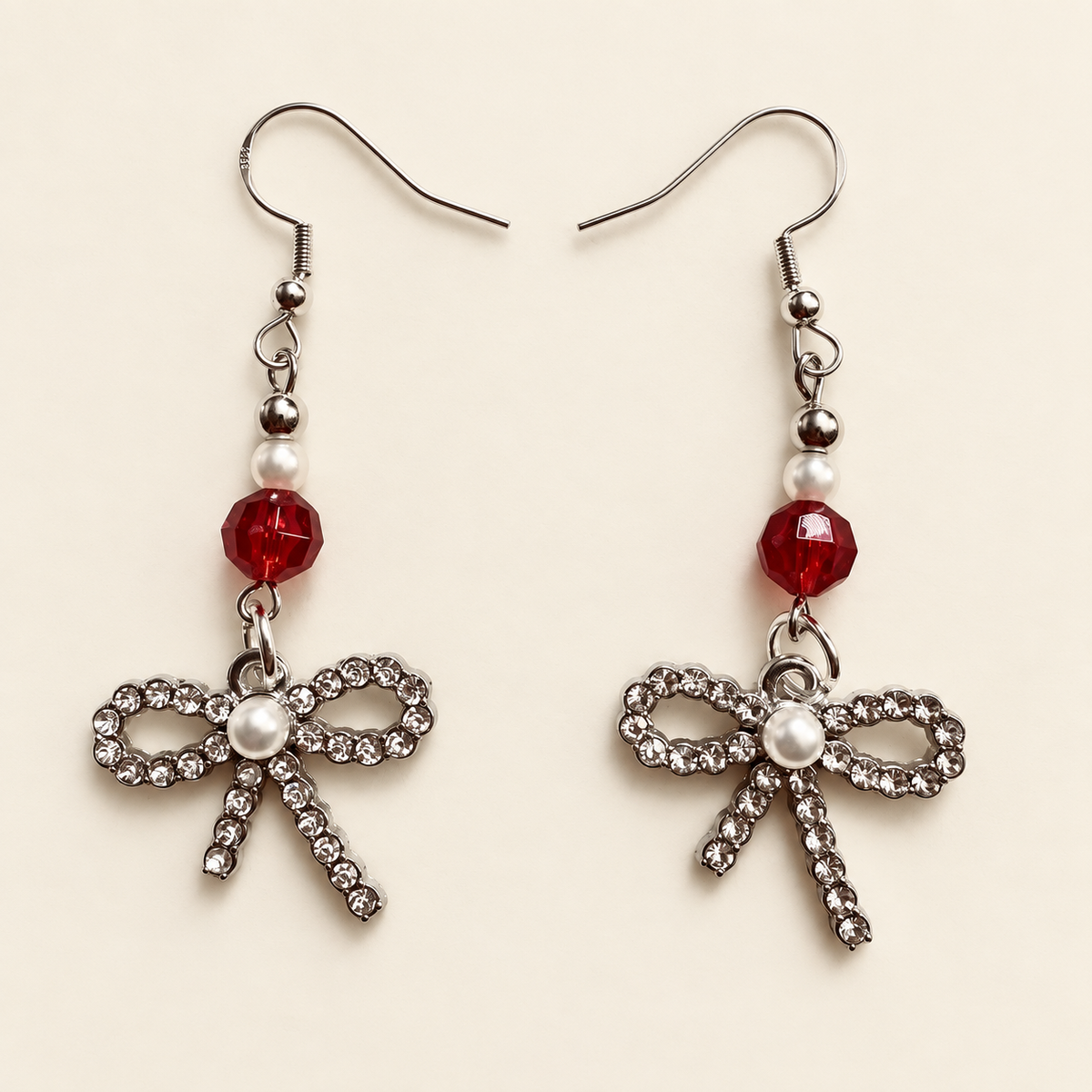 Ruby & Pearl Ribbons – Christmas Bow Earrings
