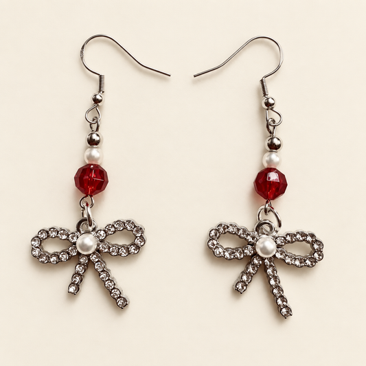 Ruby & Pearl Ribbons – Christmas Bow Earrings